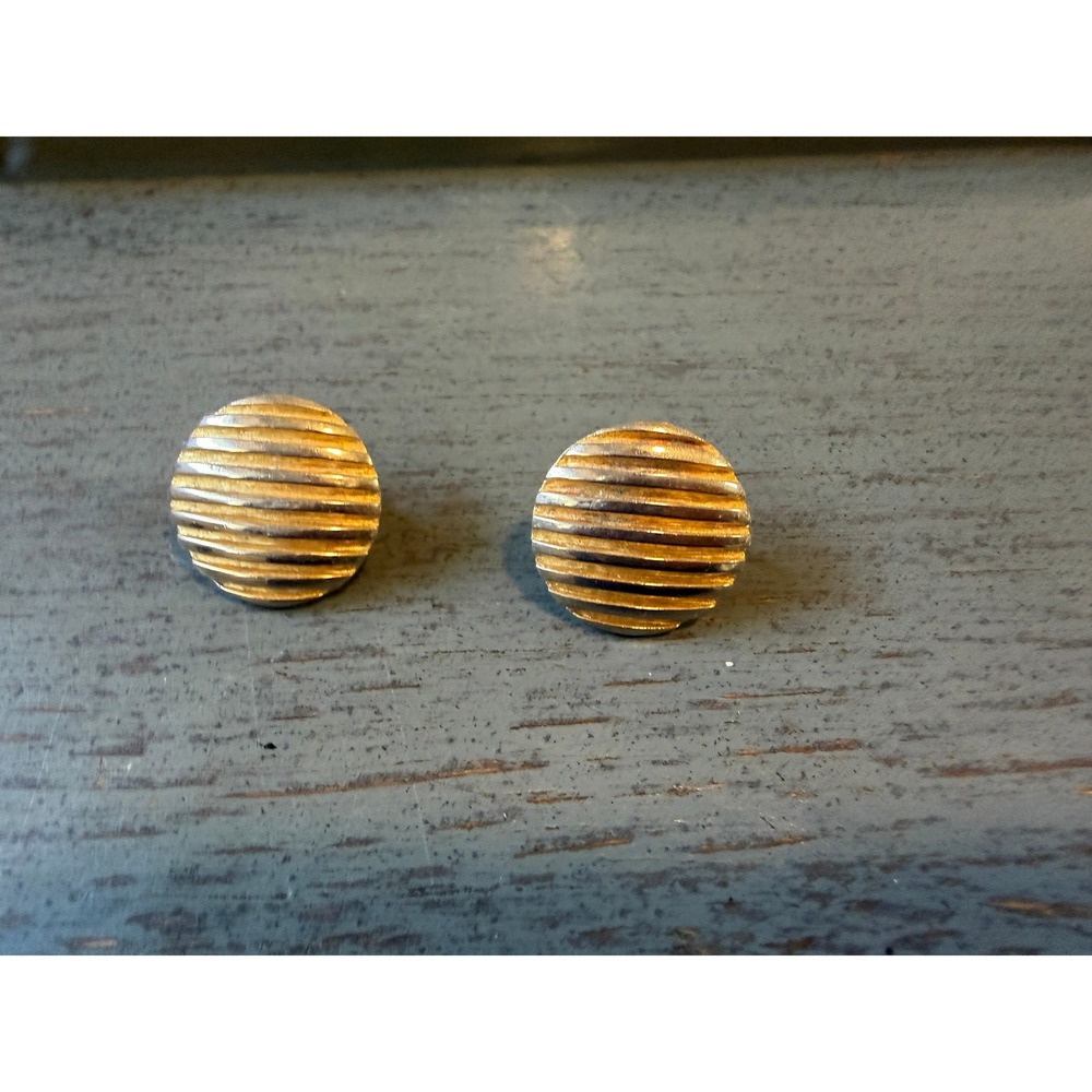 Vintage Gold Tone Ribbed Round Button Clip On Earrings Textured Mid Century